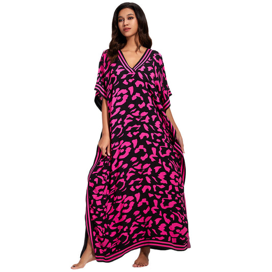 Women's maxi kaftan in a modern animal pattern with deep V-neck Ivyshape