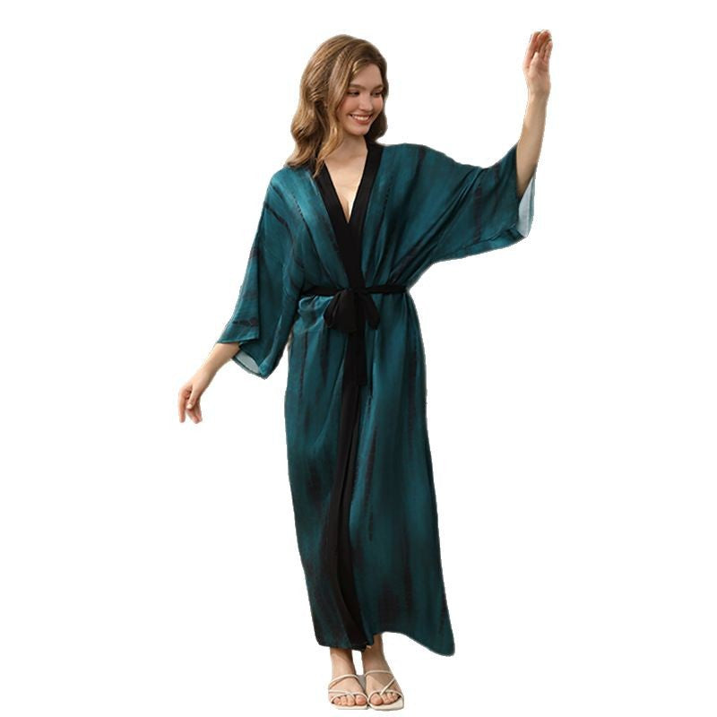 Women elegant and airy beach kimono with deep V-neck and tie belt Ivyshape