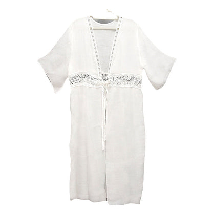 Ladies airy beach tunic with crocheted detail and tie belt Ivyshape