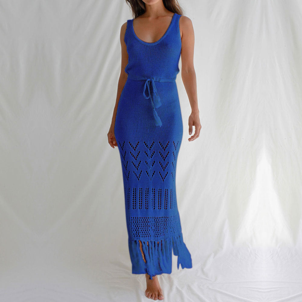 Ladies Longer Crochet Skirt with Fringed Hem and Adjustable Belt Ivyshape