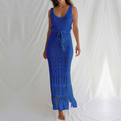 Ladies Longer Crochet Skirt with Fringed Hem and Adjustable Belt Ivyshape