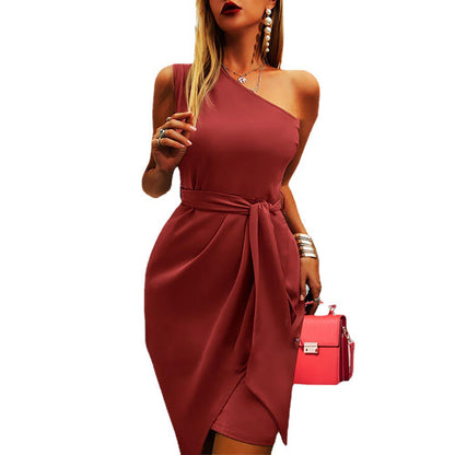 Ladies wrap dress with asymmetric neckline and waist belt Ivyshape