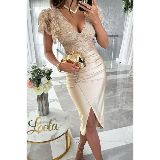 Lara - Abito midi con pizzo e ruche