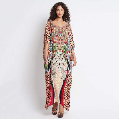 Ladies beach dress in stylish animal print and elegant accents Ivyshape