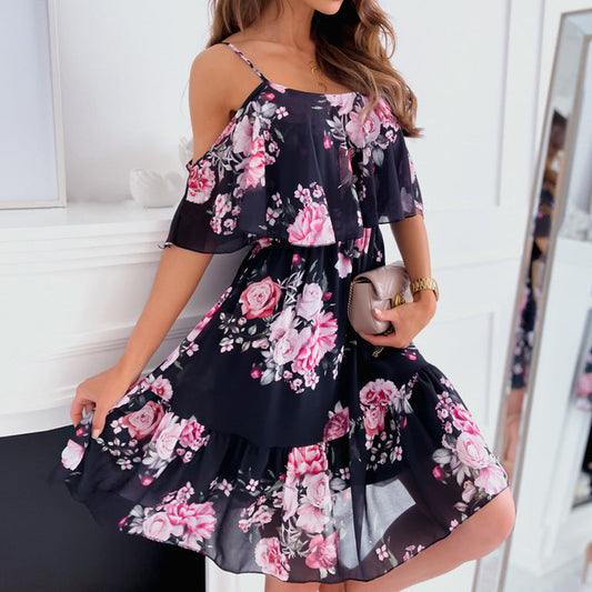Ladies airy floral dress with off-shoulder sleeves and ruffle details Ivyshape