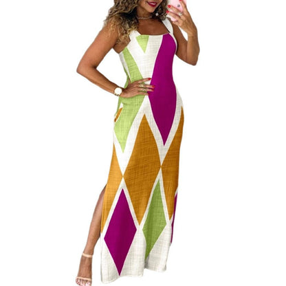 Ladies Maxi Dress with Modern Diamond Pattern and Side Slit Ivyshape