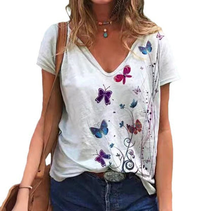 Women V-neck Butterfly Print T-shirt Ivyshape