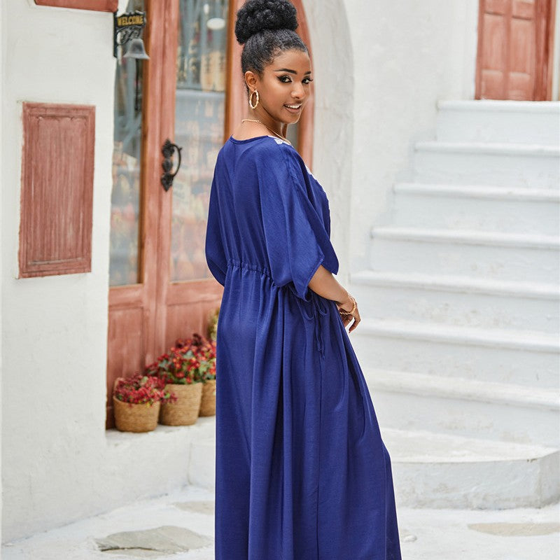 Women's Maxi Dress with artisanal embroidery pattern and loose fit Ivyshape