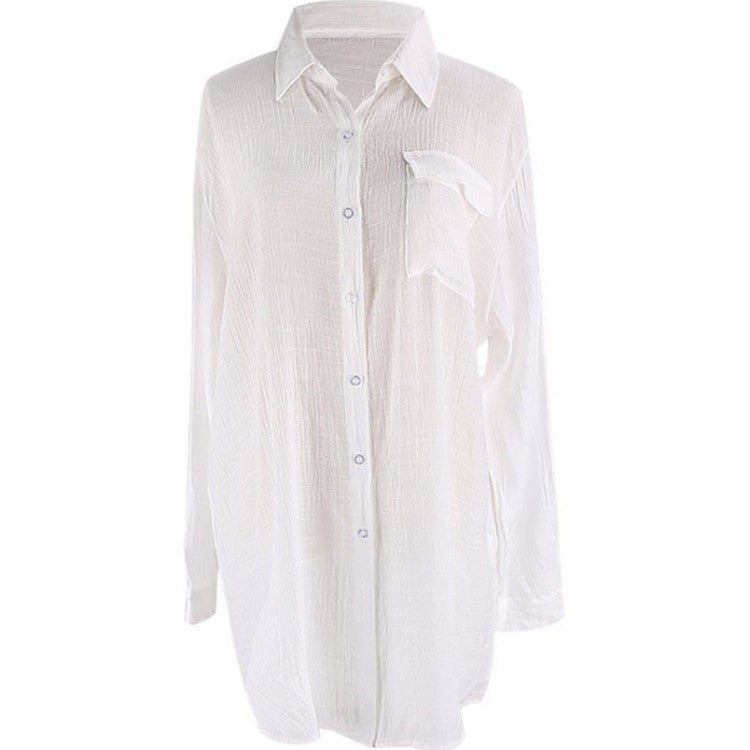 Women's casual beach blouse with patch pockets and lightweight fabric Ivyshape