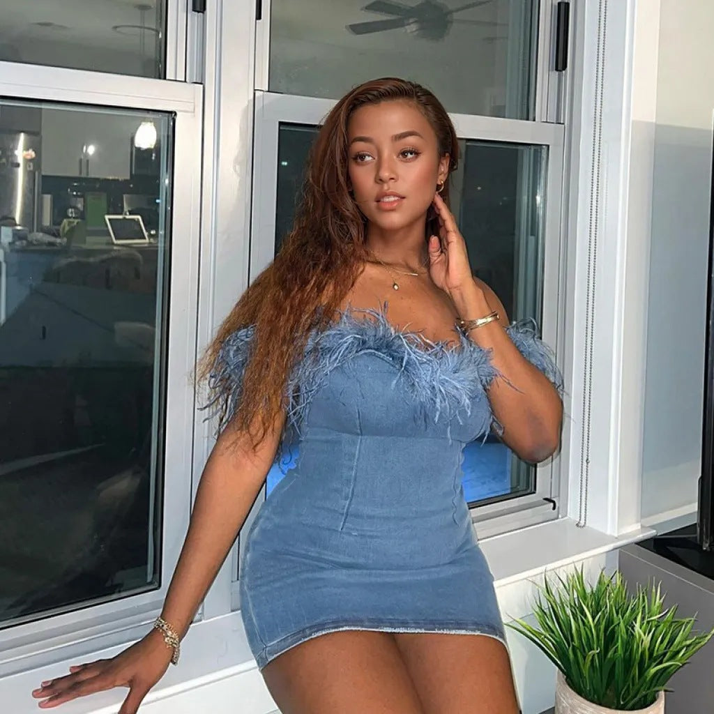 Women Off-Shoulder Denim Mini Dress with Feather Details Ivyshape