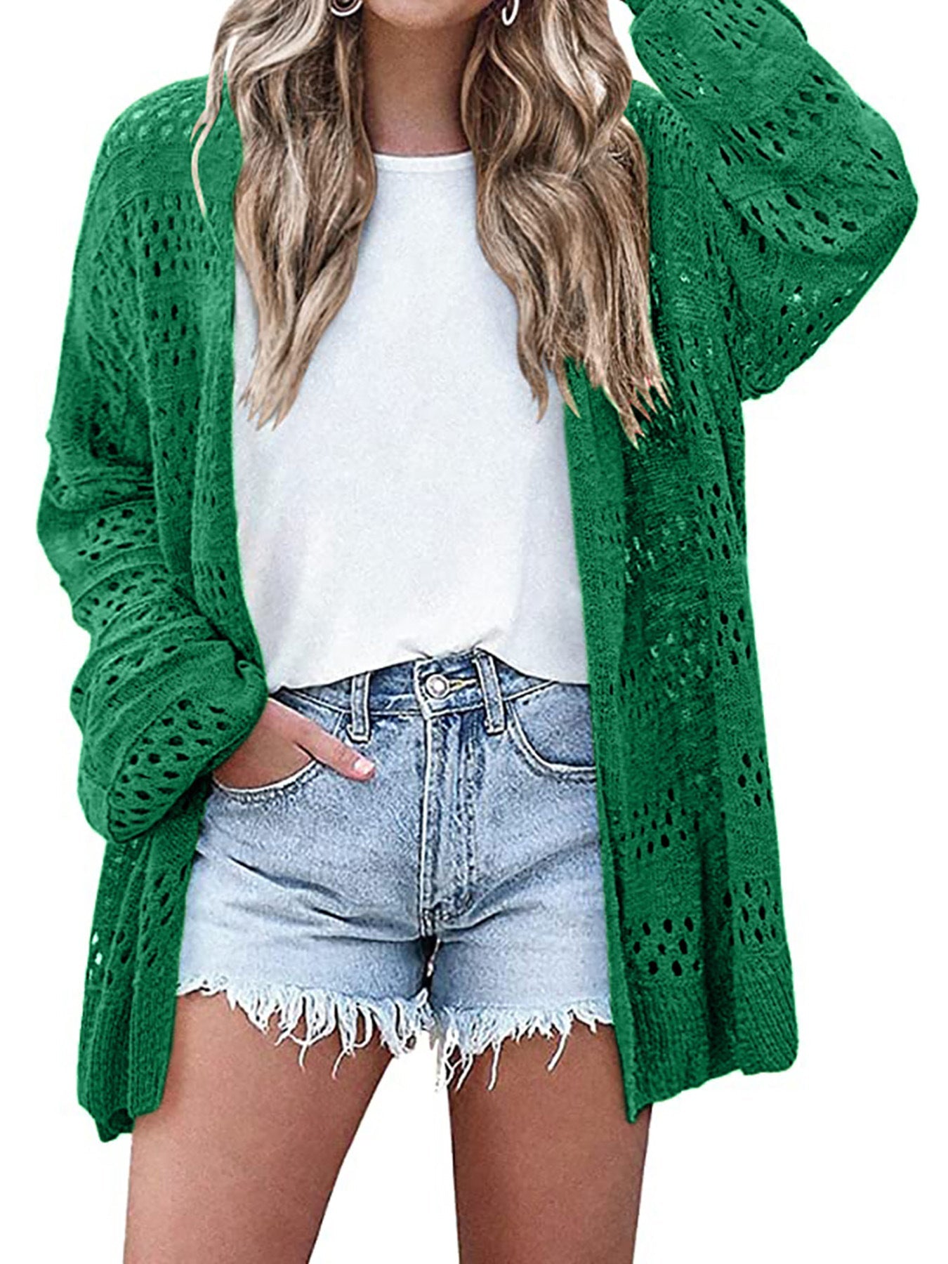 Ladies airy knitted cardigan with crochet pattern Ivyshape