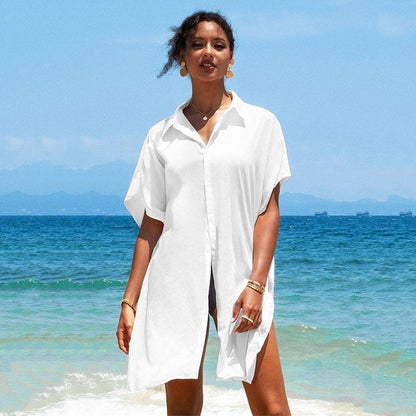 Women's beach blouse with wide sleeves and decorative button design Ivyshape