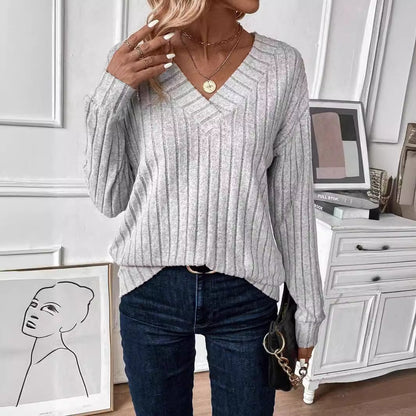 Women's knit sweater with V-neck and ribbed design Ivyshape