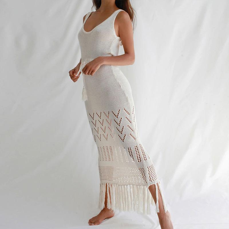 Ladies Longer Crochet Skirt with Fringed Hem and Adjustable Belt Ivyshape