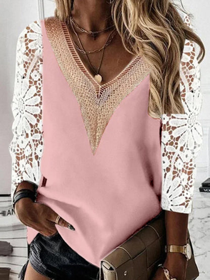 Ladies airy crochet shirt with V-neck and lace inserts Ivyshape