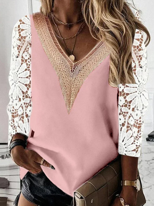 Ladies airy crochet shirt with V-neck and lace inserts Ivyshape