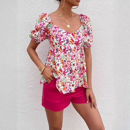 Women’s blouse top with puff sleeves and floral pattern Ivyshape
