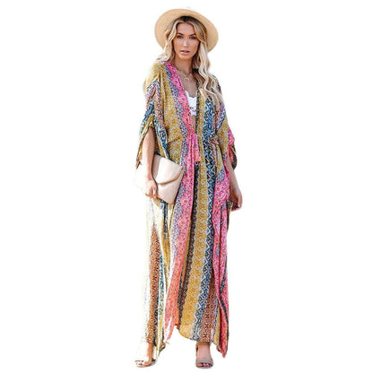 Women's beach kimono with unique floral pattern mix and side lacing Ivyshape