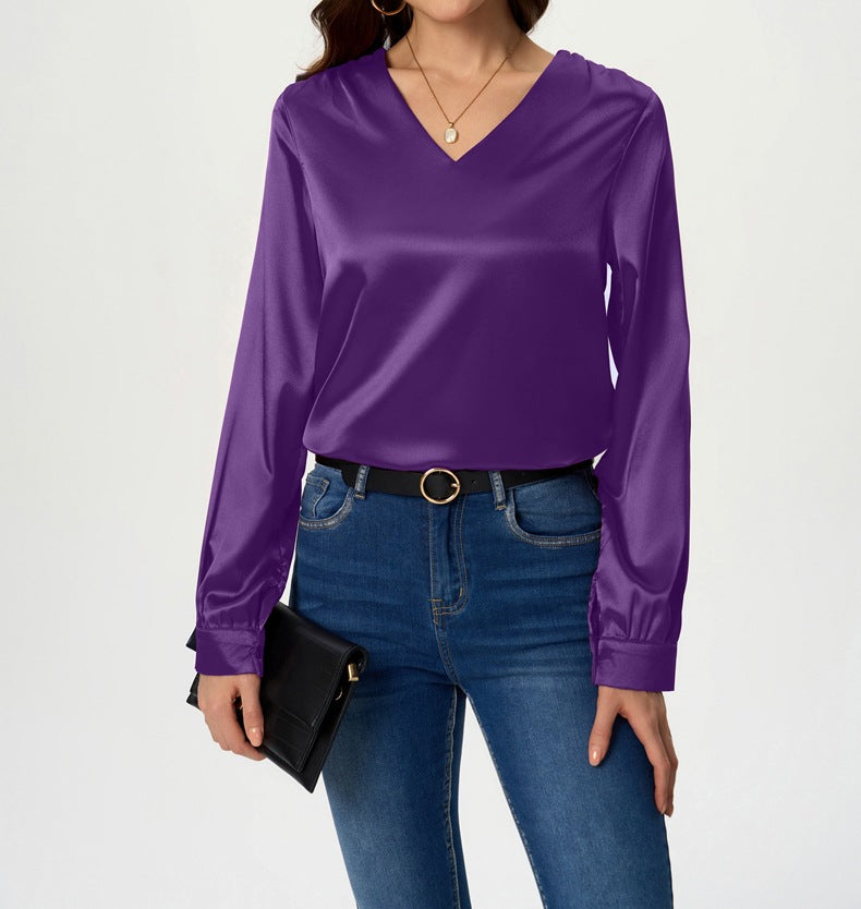Ladies elegant V-neck satin top with long sleeves Ivyshape