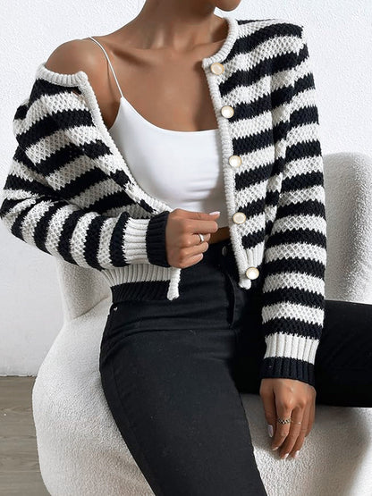 Women striped knitted cardigan with button detail and loose fit Ivyshape