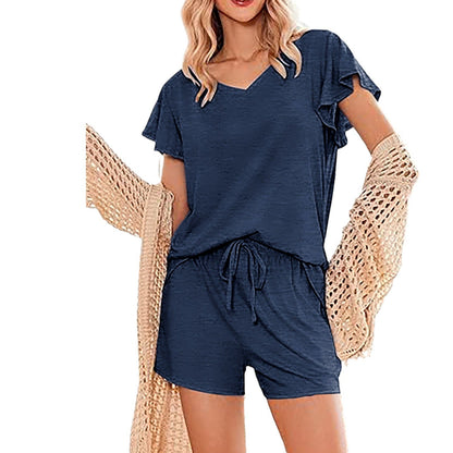 Ladies Pajama Set with Flowing Cut and Ruffle Details Ivyshape