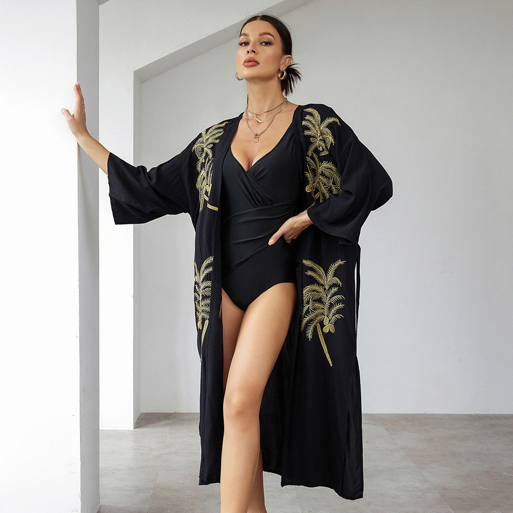 Women's longer Kaftan with intricate palm embroidery and tie belt Ivyshape
