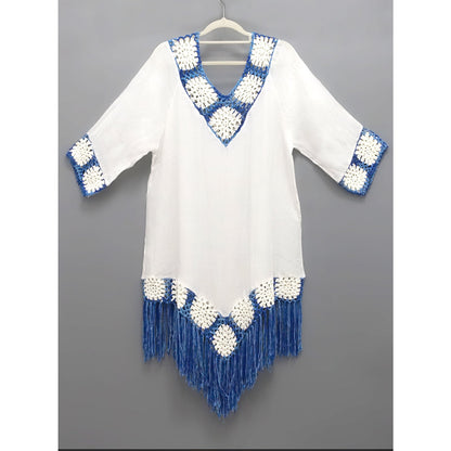 Ladies airy beach tunic with fringed details and crocheted pattern Ivyshape