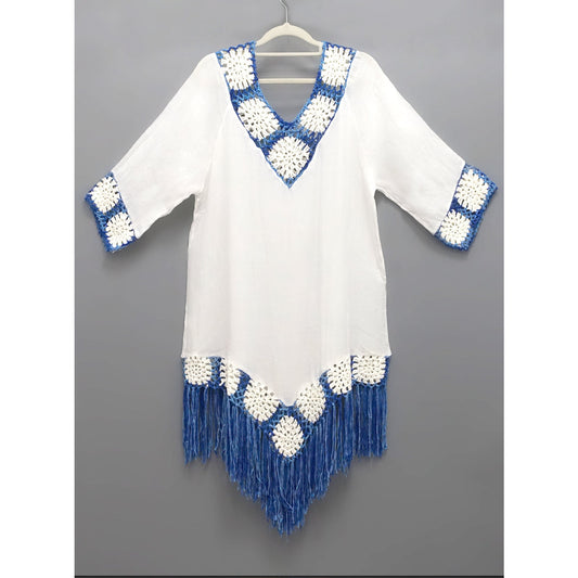 Ladies airy beach tunic with fringed details and crocheted pattern Ivyshape