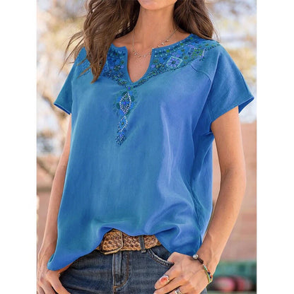 Women's Embroidered V-Neck Short Sleeve Blouse Ivyshape