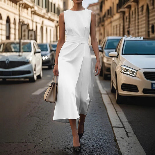 Women's midi dress with elegant V-neck and flowing skirt Ivyshape