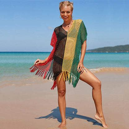 Women Airy Beach Tunic with Colorful Fringes and Mesh Design Ivyshape