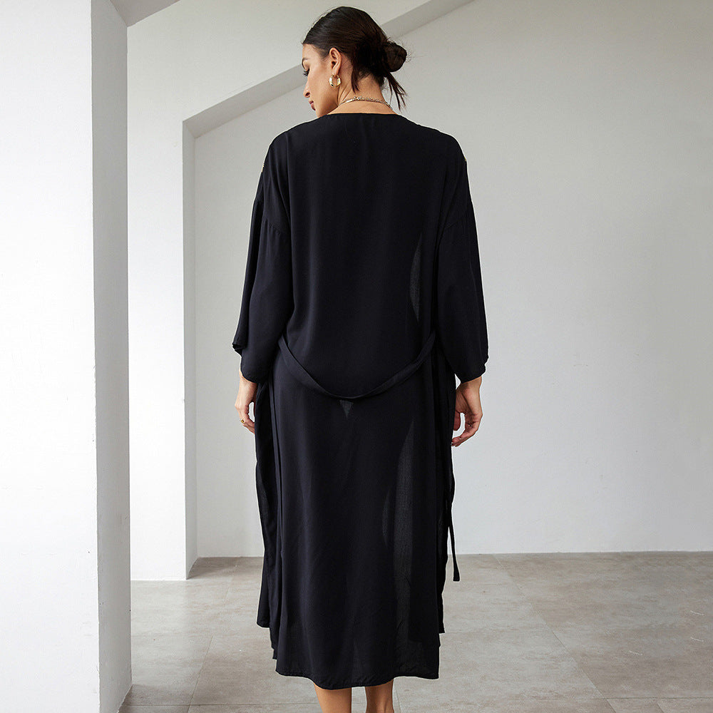 Women's longer Kaftan with intricate palm embroidery and tie belt Ivyshape