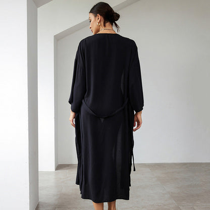 Women's longer Kaftan with intricate palm embroidery and tie belt Ivyshape