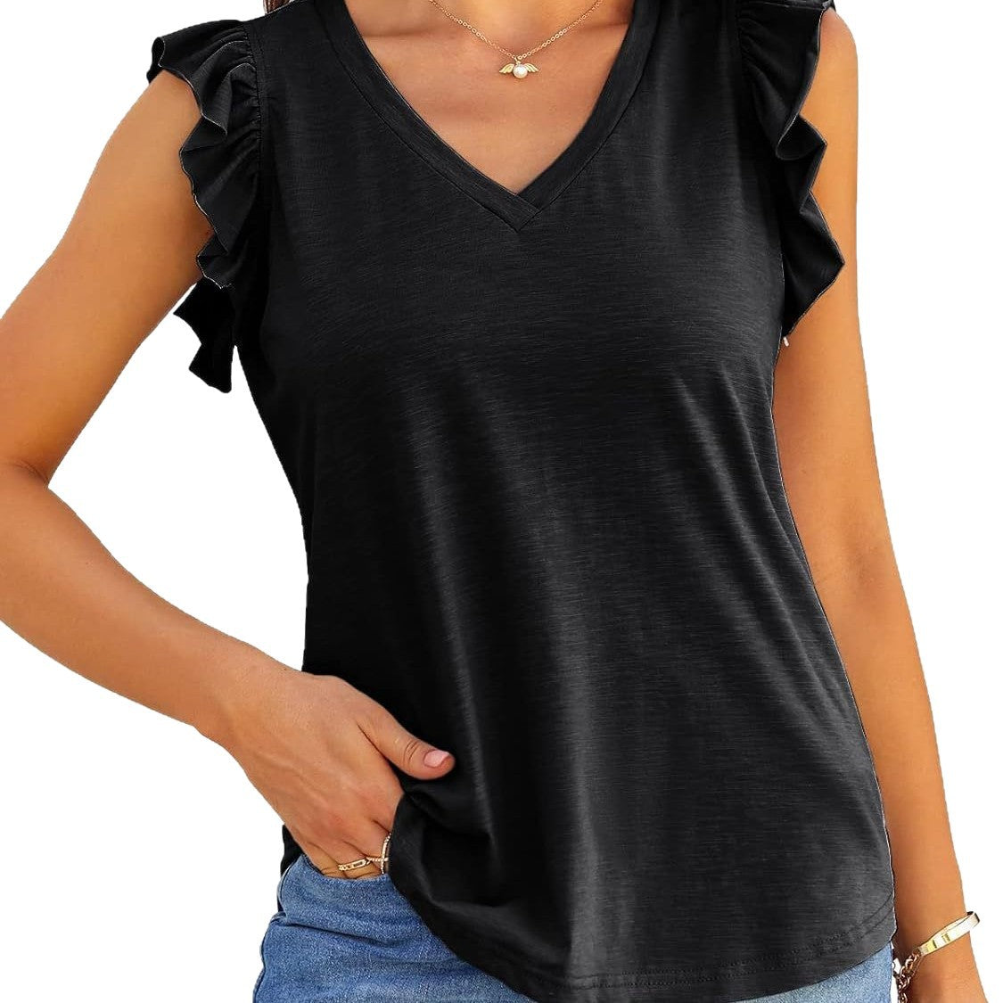 Women V-neck Ruffle Sleeve Top Ivyshape