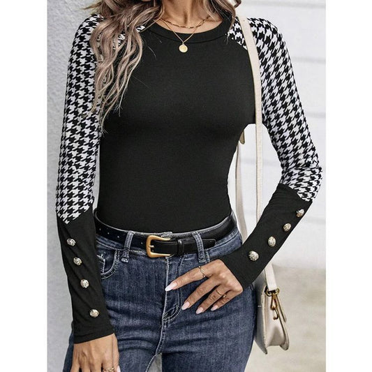 Women's Figure-Hugging Long Sleeve Top with Houndstooth Pattern Ivyshape