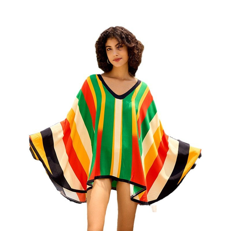 Ladies elegant bathrobe with colorful stripe pattern and wide sleeves Ivyshape