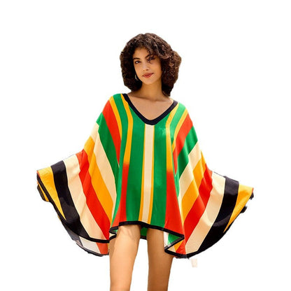 Ladies elegant bathrobe with colorful stripe pattern and wide sleeves Ivyshape