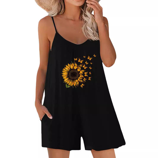 Ladies airy summer dress with sunflower pattern and side pockets Ivyshape