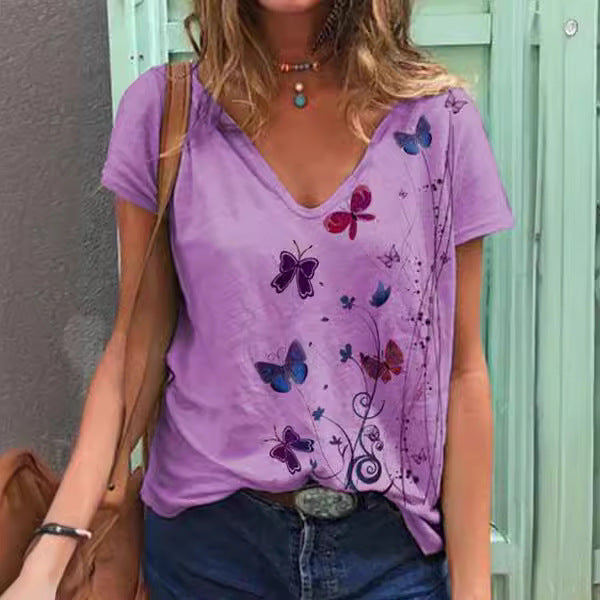 Women V-neck Butterfly Print T-shirt Ivyshape