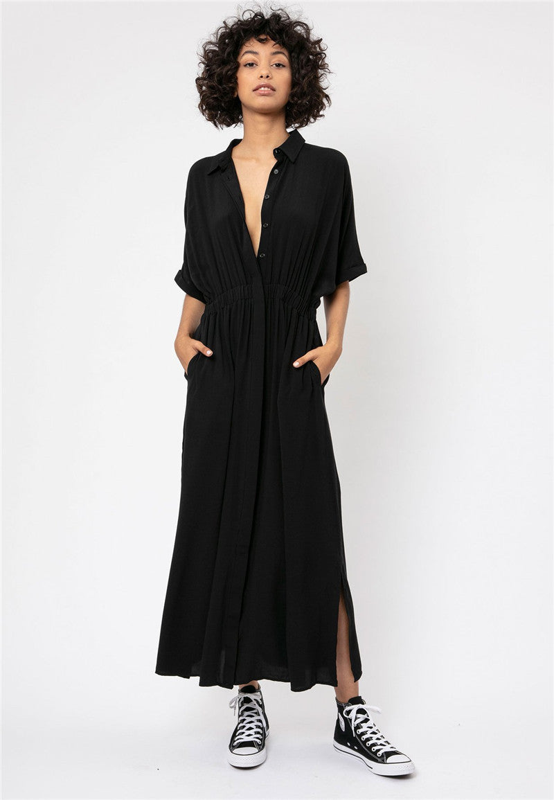 Women's elegant maxi dress with button-down front design and side slit Ivyshape
