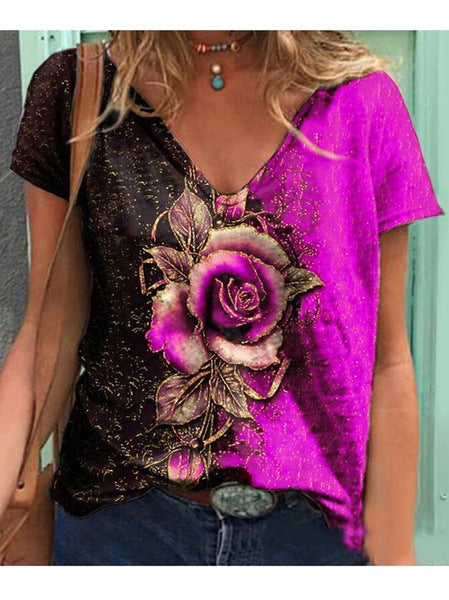 Women's Artistic Floral Graphic V-Neck T-Shirt Ivyshape