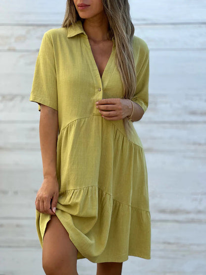 Women Short Sleeve Button-Up Swing Dress Ivyshape