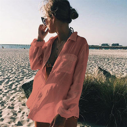 Women's casual beach blouse with patch pockets and lightweight fabric Ivyshape