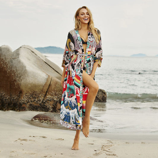 Women's beach kimono with elegant pattern and side slit Ivyshape