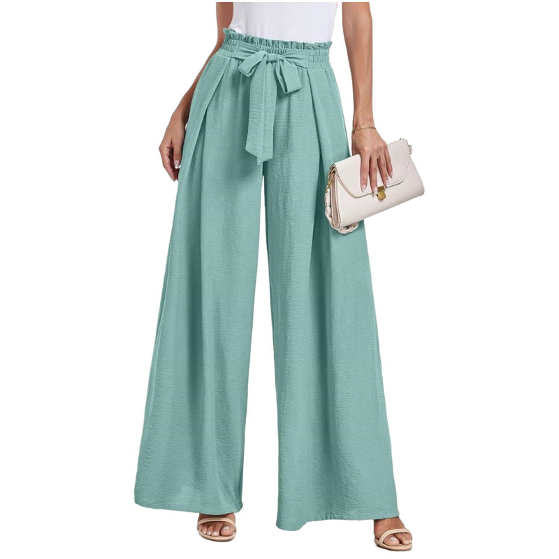 Ladies Wide High Waist Pants with Tie Belt and Elegant Style Ivyshape