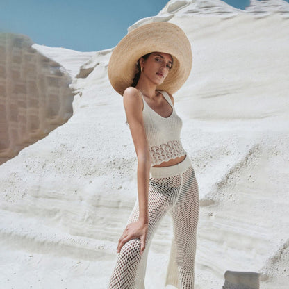 Ladies knit top with seductive mesh design and casual flared pants Ivyshape