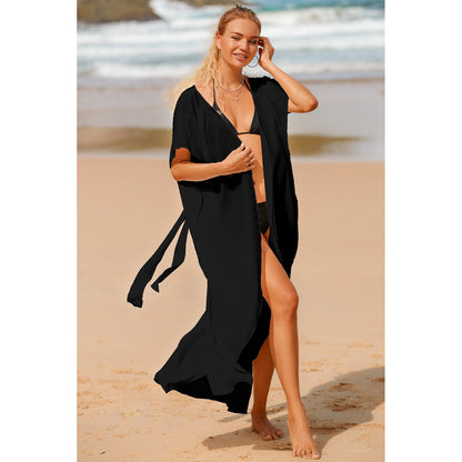 Ladies long beach dress with wide-cut sleeves and elegant waistline Ivyshape
