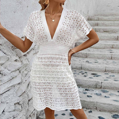 Women's Crochet Beach Dress with Deep V-Neck and Airy Silhouette Ivyshape