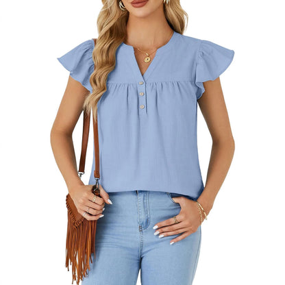 Women Lightweight Button-Front Flutter Sleeve Top Ivyshape