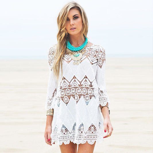 Women's airy crochet beach cover-up with romantic pattern and wide cut Ivyshape